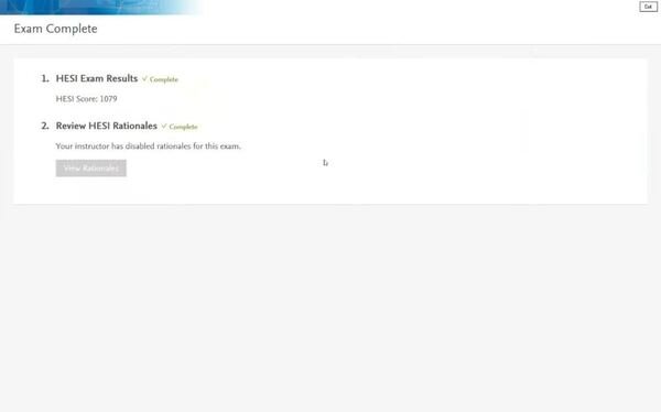 HESI exam complete result screenshot showing HESI Score 1079