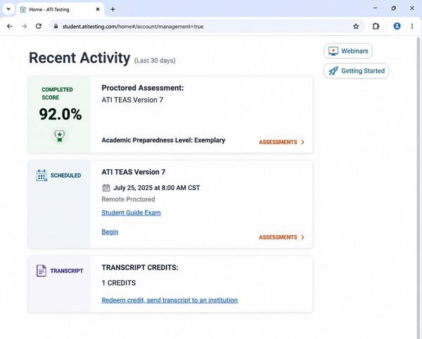 ATI TEAS Version 7 proctored assessment result screenshot showing completed score 92 percent
